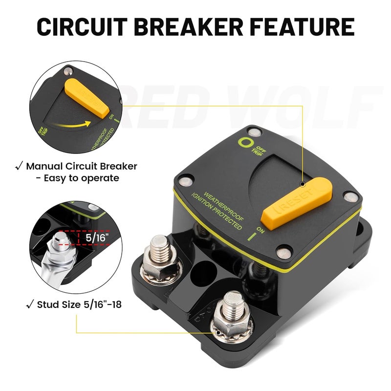 RED WOLF 200A Circuit Breaker Switch Manual Reset DC 12-24V, 5/16"-M8 Stud for Car Audio RV Marine Boat Truck Trolling Motors Stereo Audio Electronic Battery Solar System - Image 3